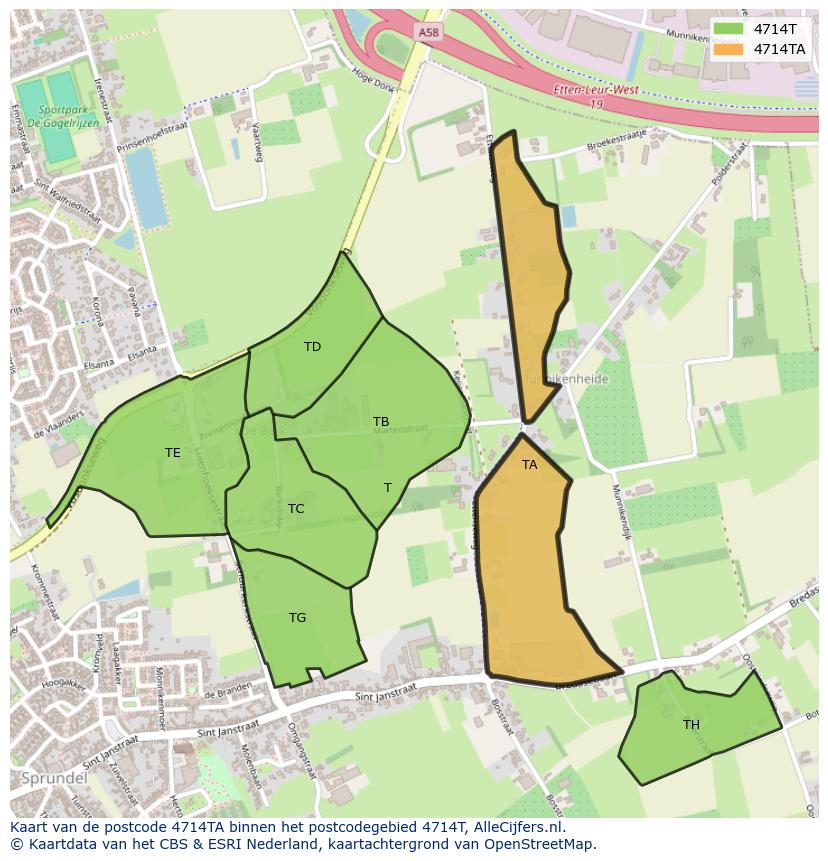 Afbeelding van het postcodegebied 4714 TA op de kaart.