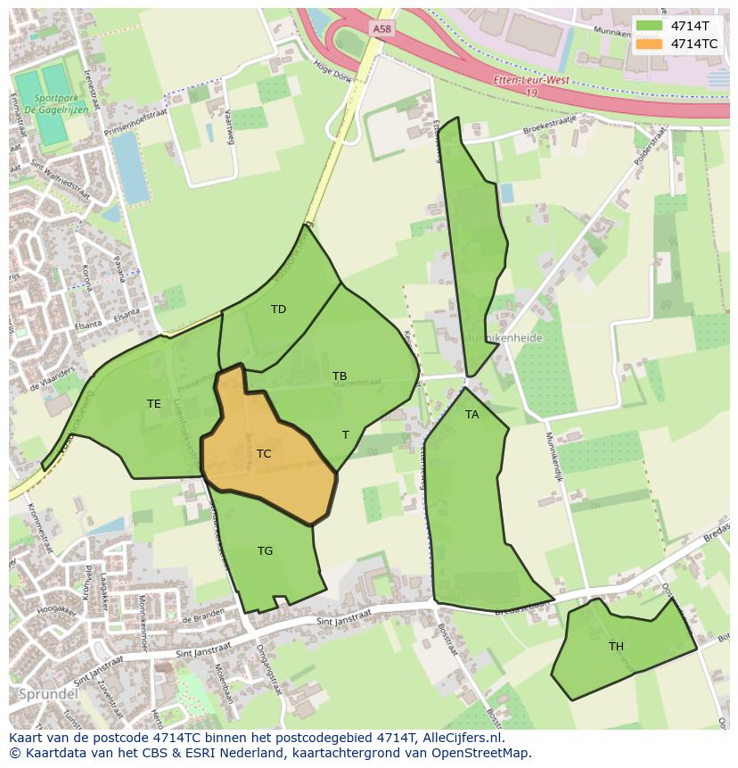 Afbeelding van het postcodegebied 4714 TC op de kaart.