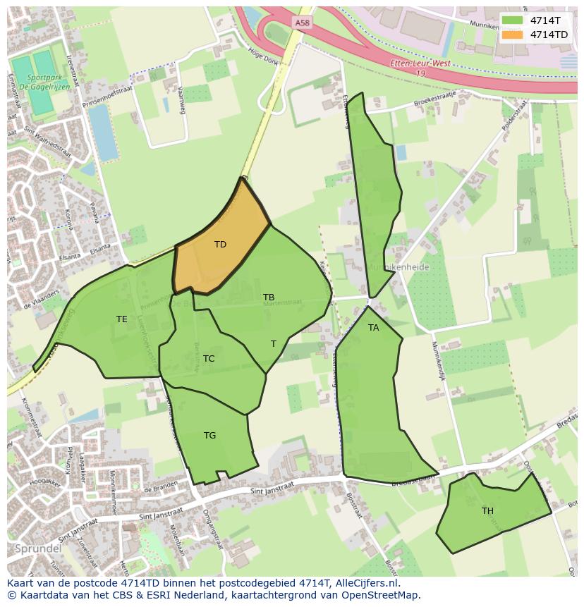Afbeelding van het postcodegebied 4714 TD op de kaart.
