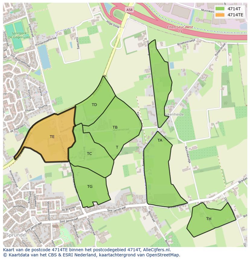 Afbeelding van het postcodegebied 4714 TE op de kaart.