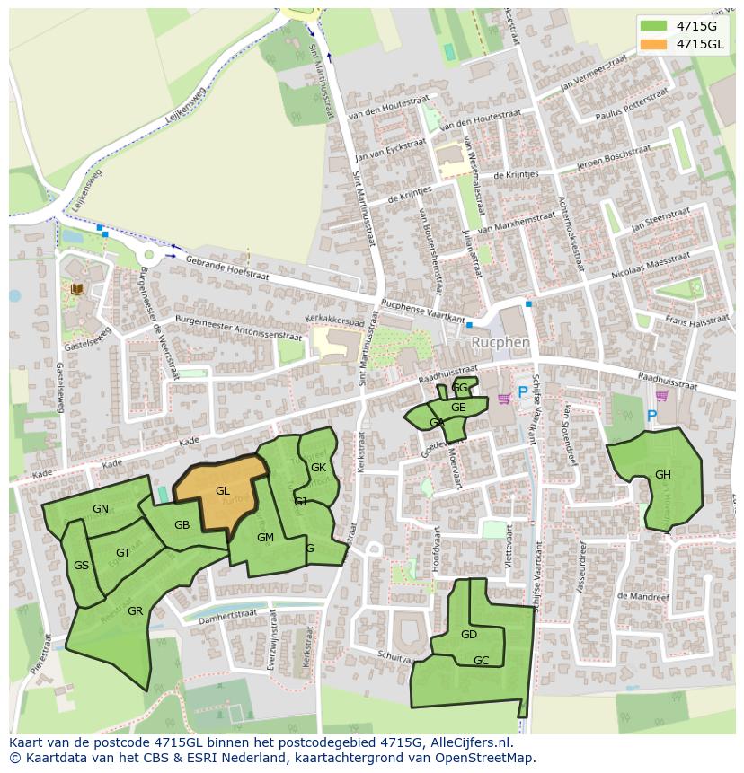 Afbeelding van het postcodegebied 4715 GL op de kaart.