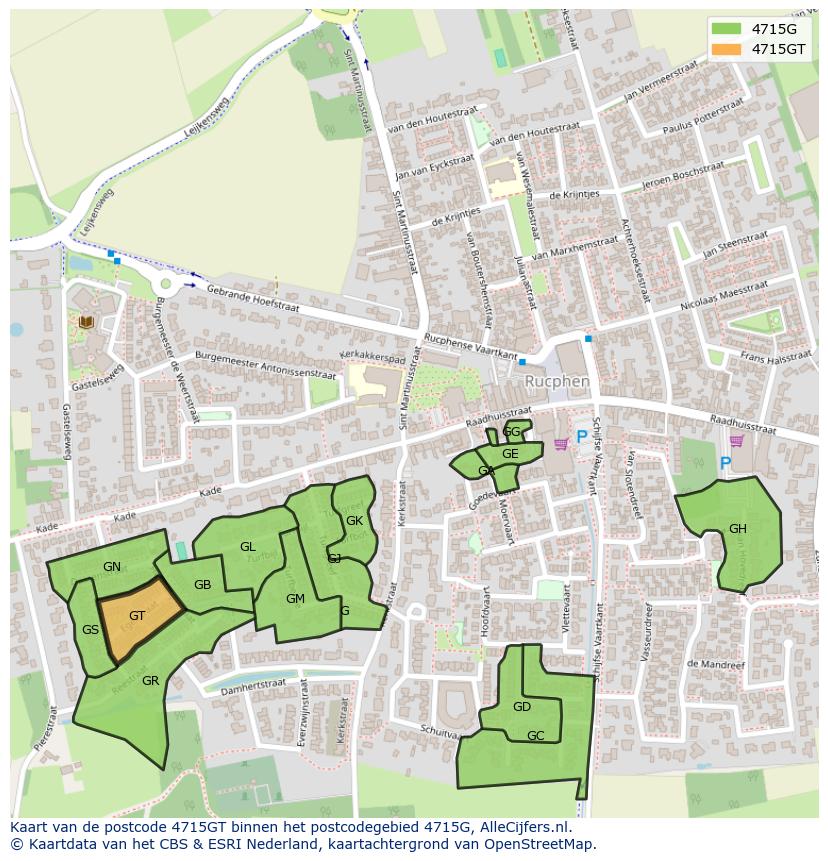 Afbeelding van het postcodegebied 4715 GT op de kaart.