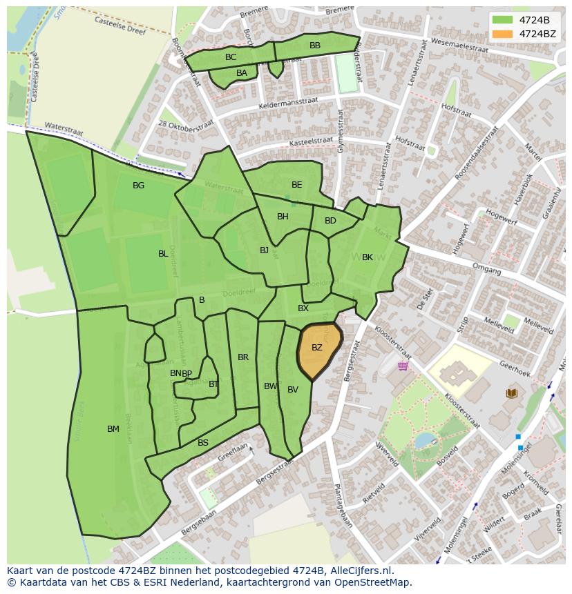 Afbeelding van het postcodegebied 4724 BZ op de kaart.
