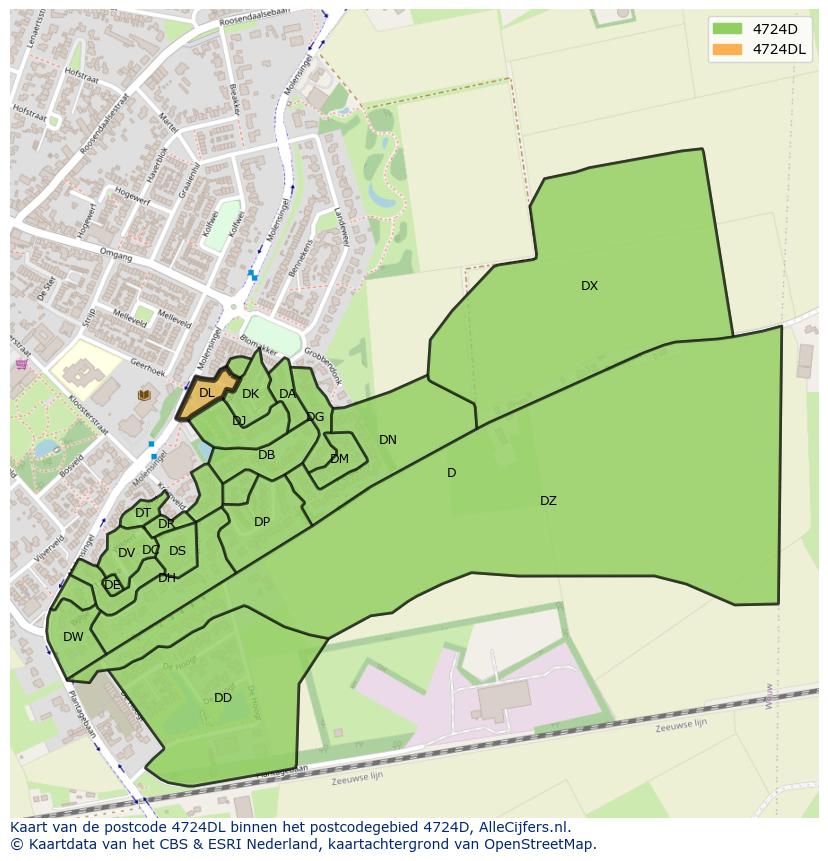 Afbeelding van het postcodegebied 4724 DL op de kaart.