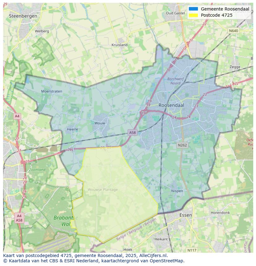 Afbeelding van het postcodegebied 4725 op de kaart.