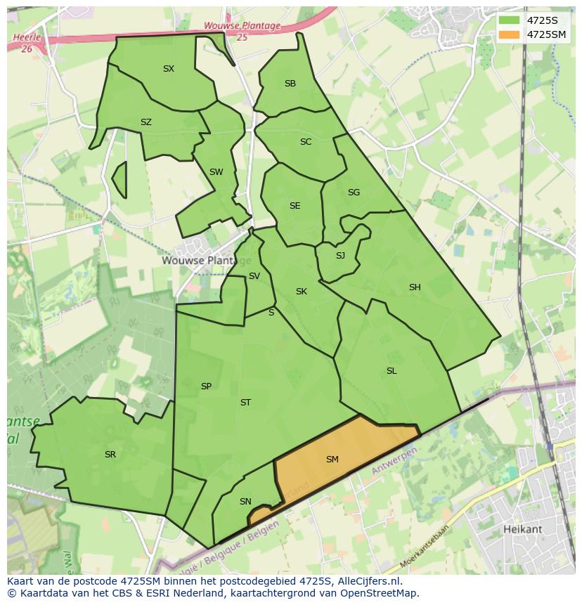 Afbeelding van het postcodegebied 4725 SM op de kaart.