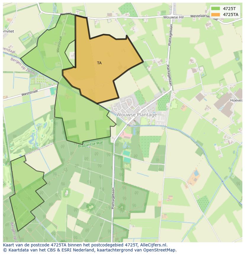 Afbeelding van het postcodegebied 4725 TA op de kaart.