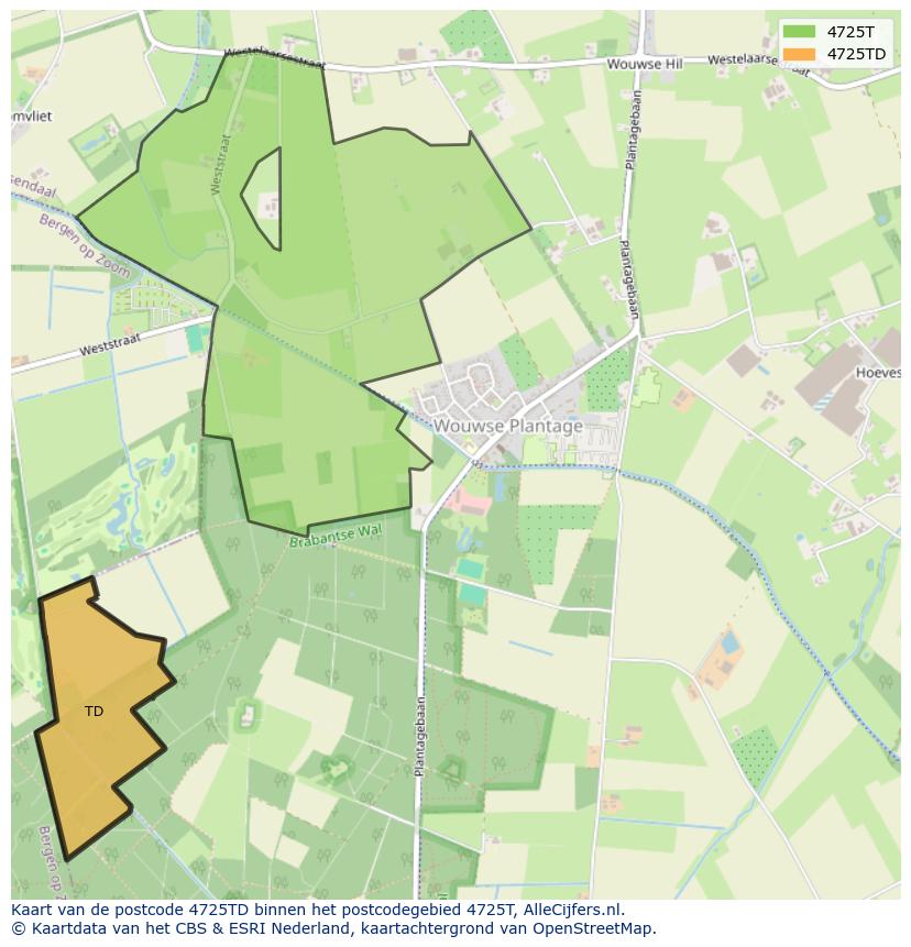 Afbeelding van het postcodegebied 4725 TD op de kaart.