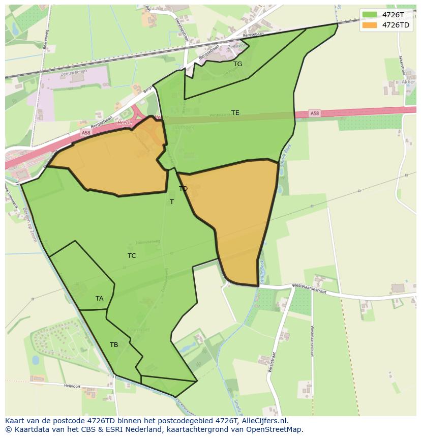 Afbeelding van het postcodegebied 4726 TD op de kaart.