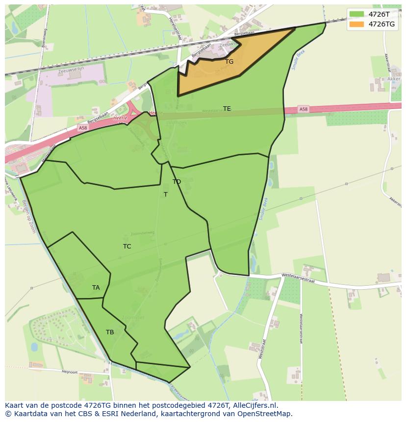 Afbeelding van het postcodegebied 4726 TG op de kaart.