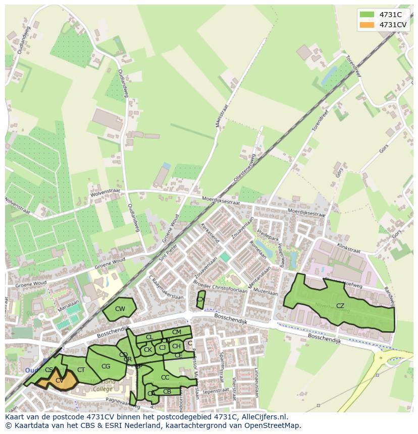 Afbeelding van het postcodegebied 4731 CV op de kaart.