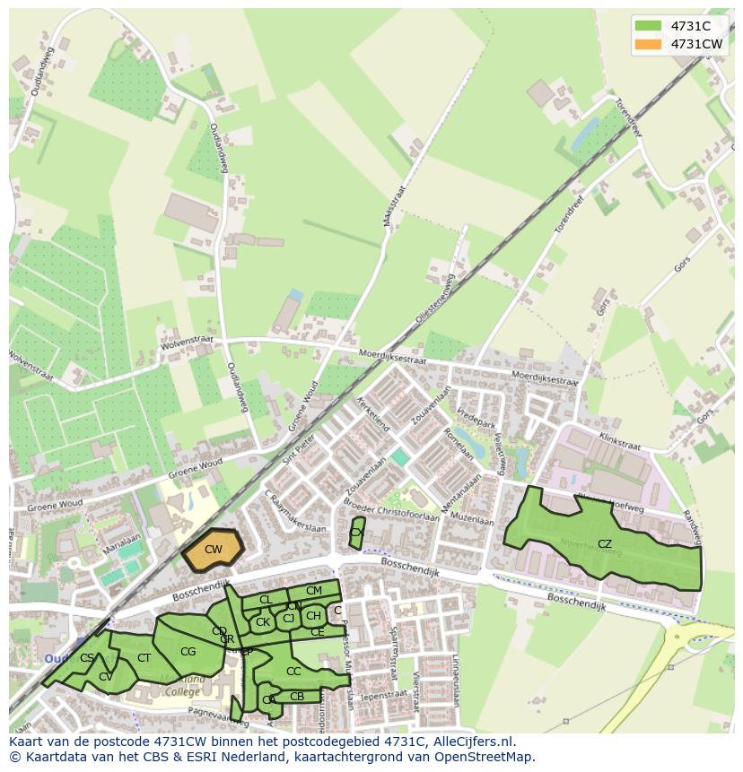 Afbeelding van het postcodegebied 4731 CW op de kaart.