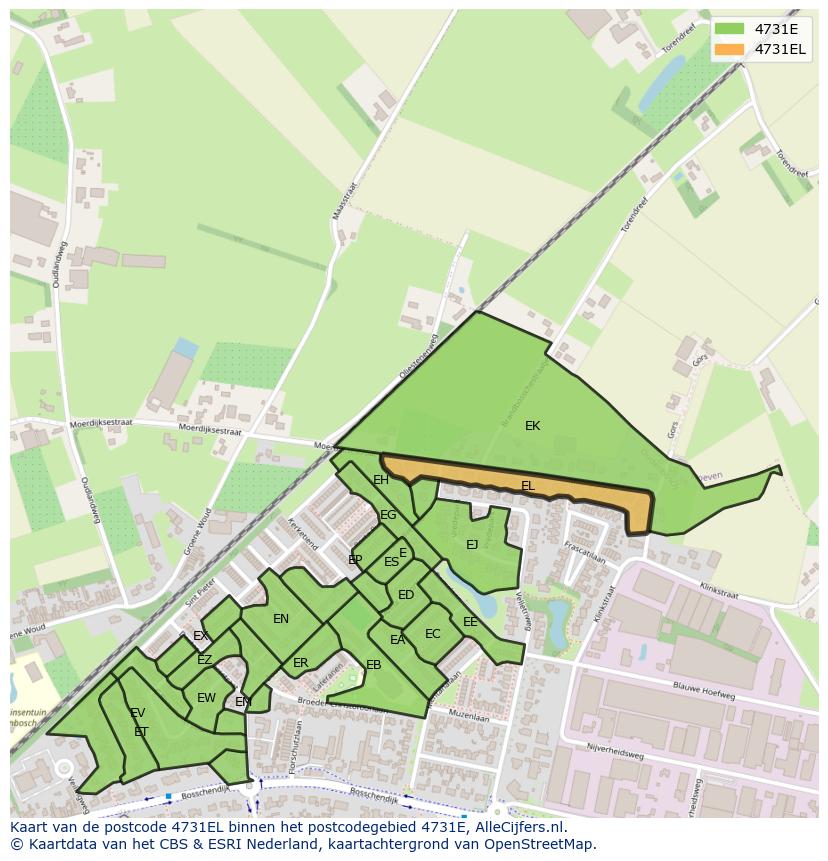 Afbeelding van het postcodegebied 4731 EL op de kaart.