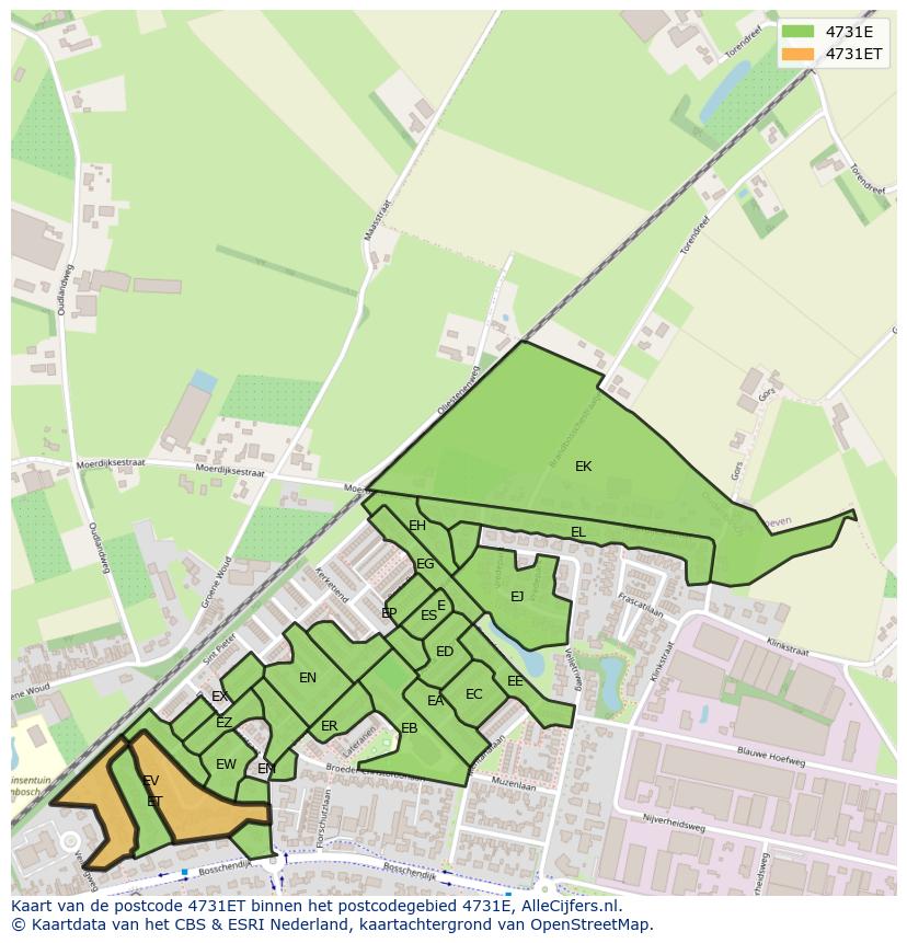 Afbeelding van het postcodegebied 4731 ET op de kaart.