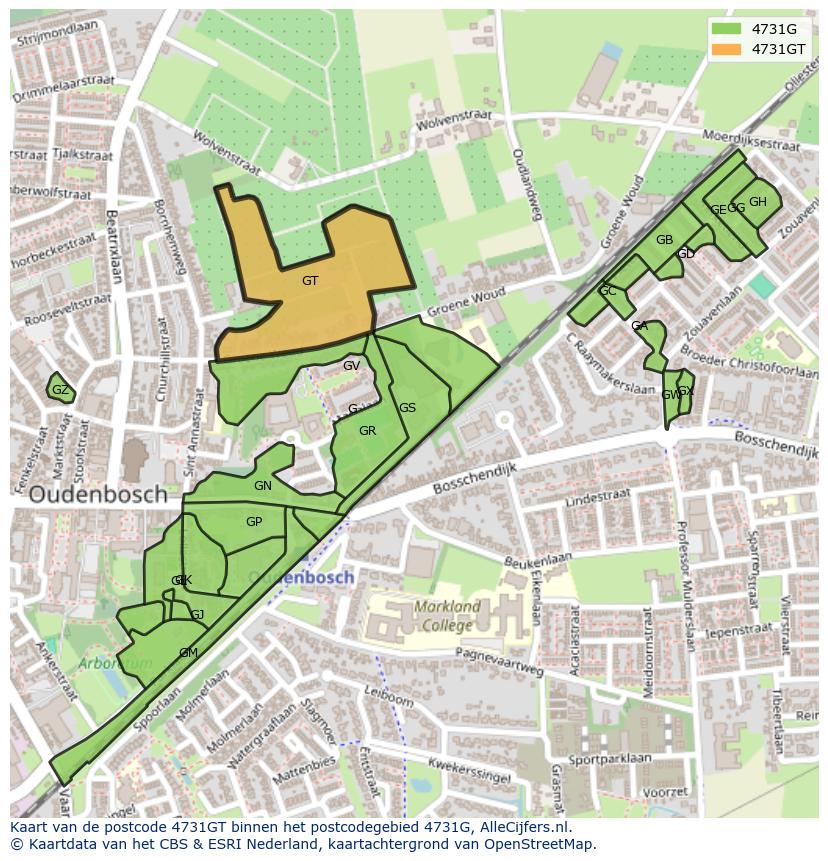 Afbeelding van het postcodegebied 4731 GT op de kaart.