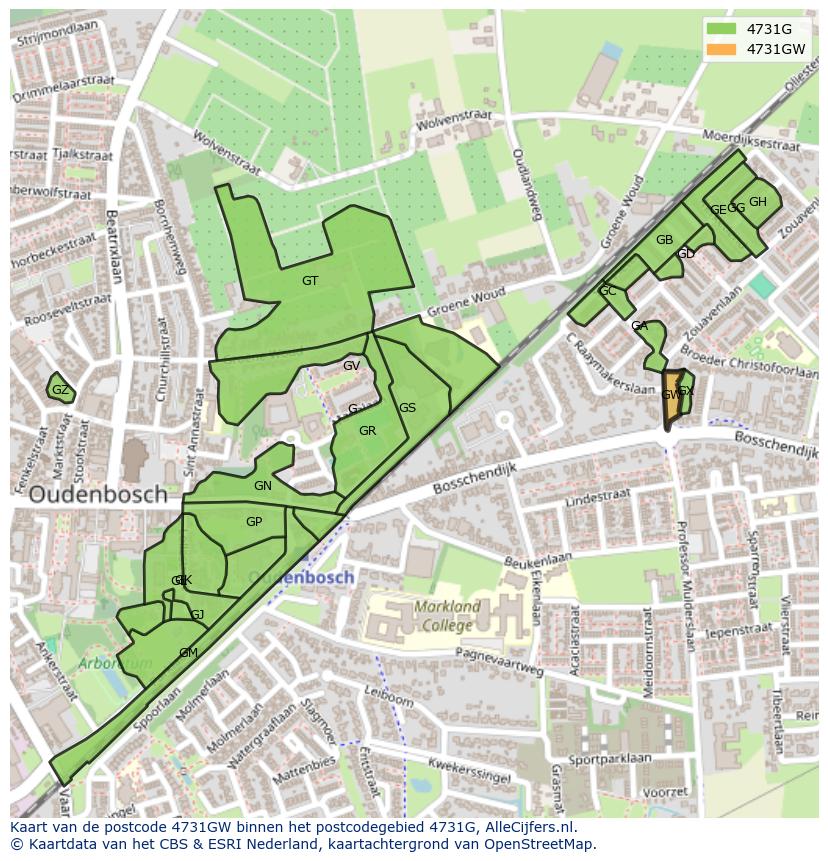 Afbeelding van het postcodegebied 4731 GW op de kaart.