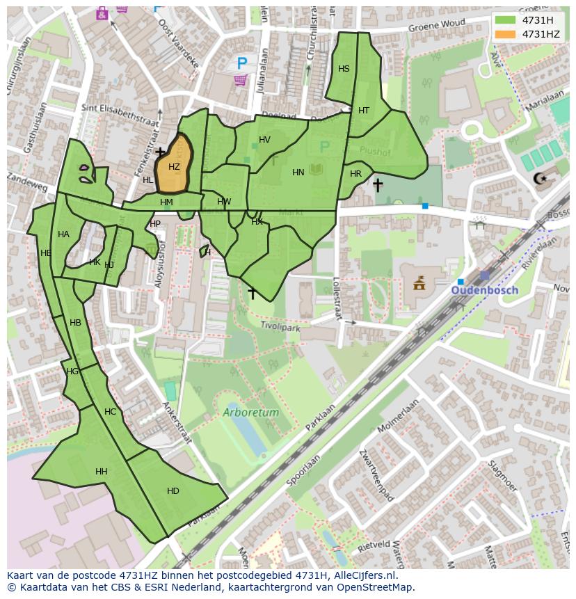 Afbeelding van het postcodegebied 4731 HZ op de kaart.