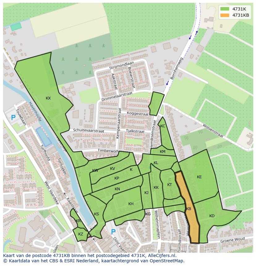 Afbeelding van het postcodegebied 4731 KB op de kaart.