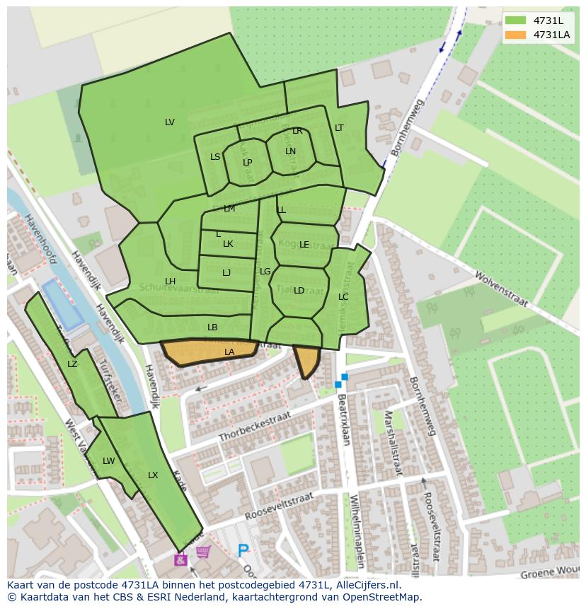 Afbeelding van het postcodegebied 4731 LA op de kaart.