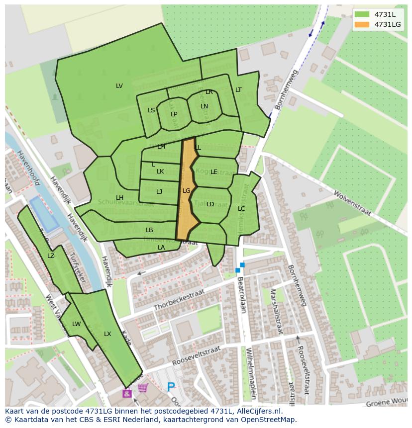 Afbeelding van het postcodegebied 4731 LG op de kaart.