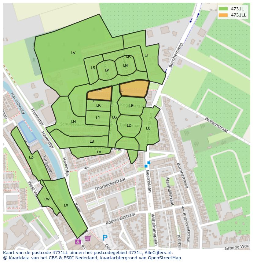 Afbeelding van het postcodegebied 4731 LL op de kaart.