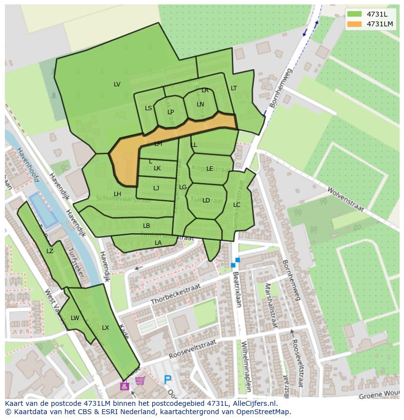 Afbeelding van het postcodegebied 4731 LM op de kaart.