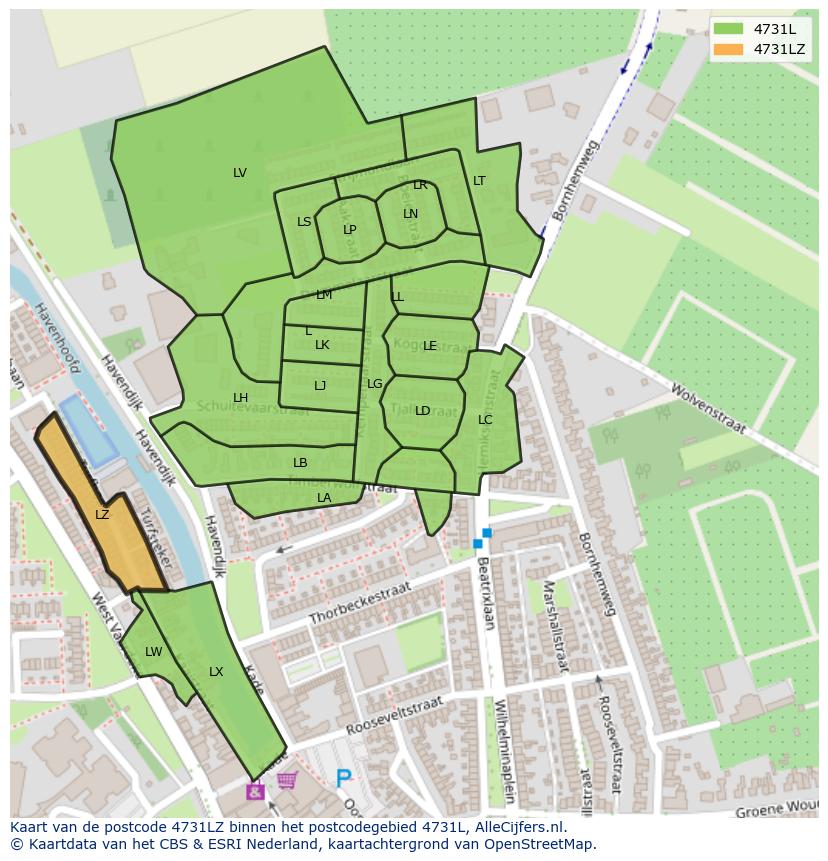 Afbeelding van het postcodegebied 4731 LZ op de kaart.
