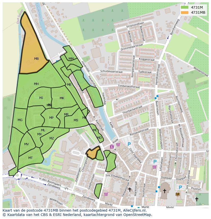 Afbeelding van het postcodegebied 4731 MB op de kaart.