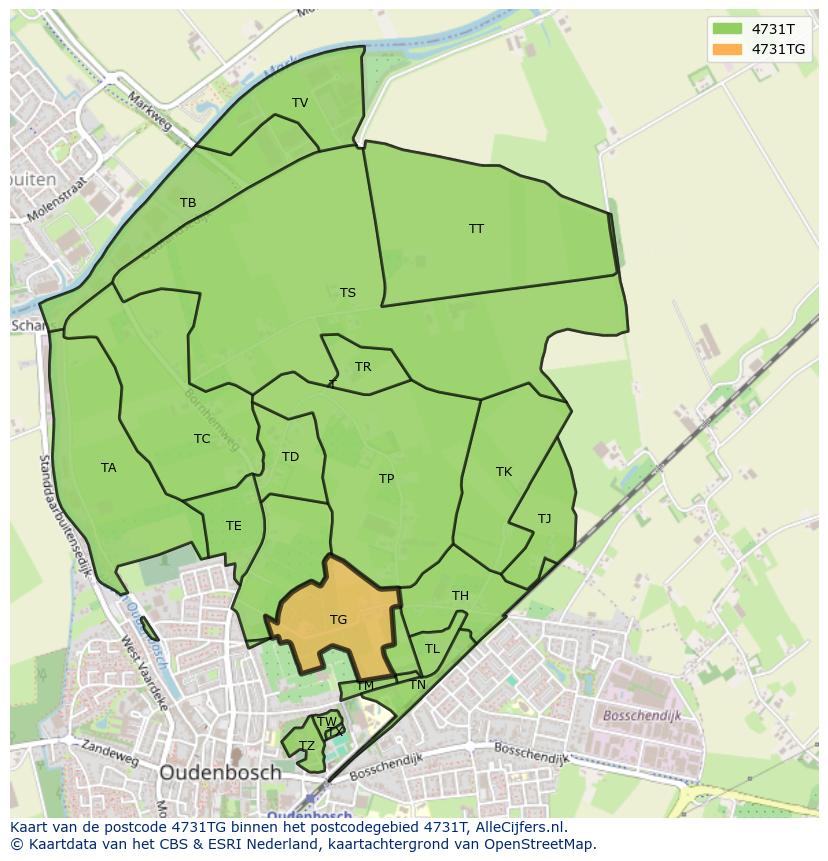 Afbeelding van het postcodegebied 4731 TG op de kaart.