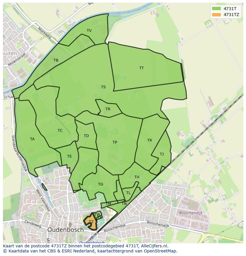 Afbeelding van het postcodegebied 4731 TZ op de kaart.