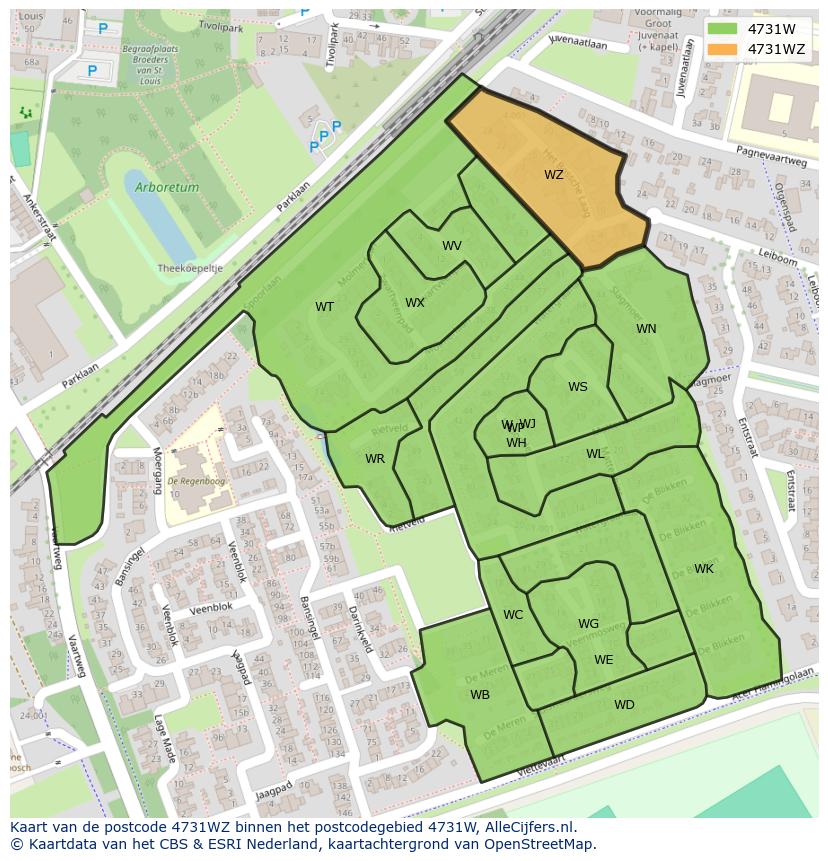 Afbeelding van het postcodegebied 4731 WZ op de kaart.