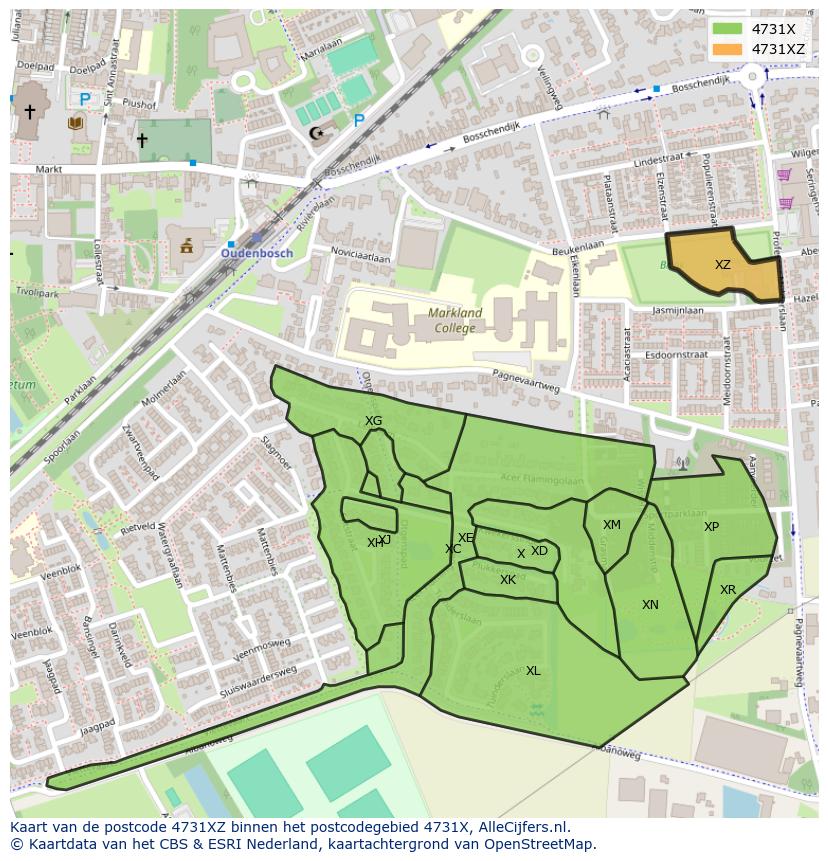 Afbeelding van het postcodegebied 4731 XZ op de kaart.