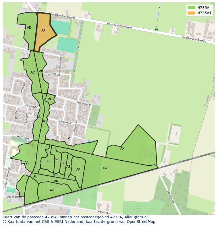 Afbeelding van het postcodegebied 4735 AJ op de kaart.