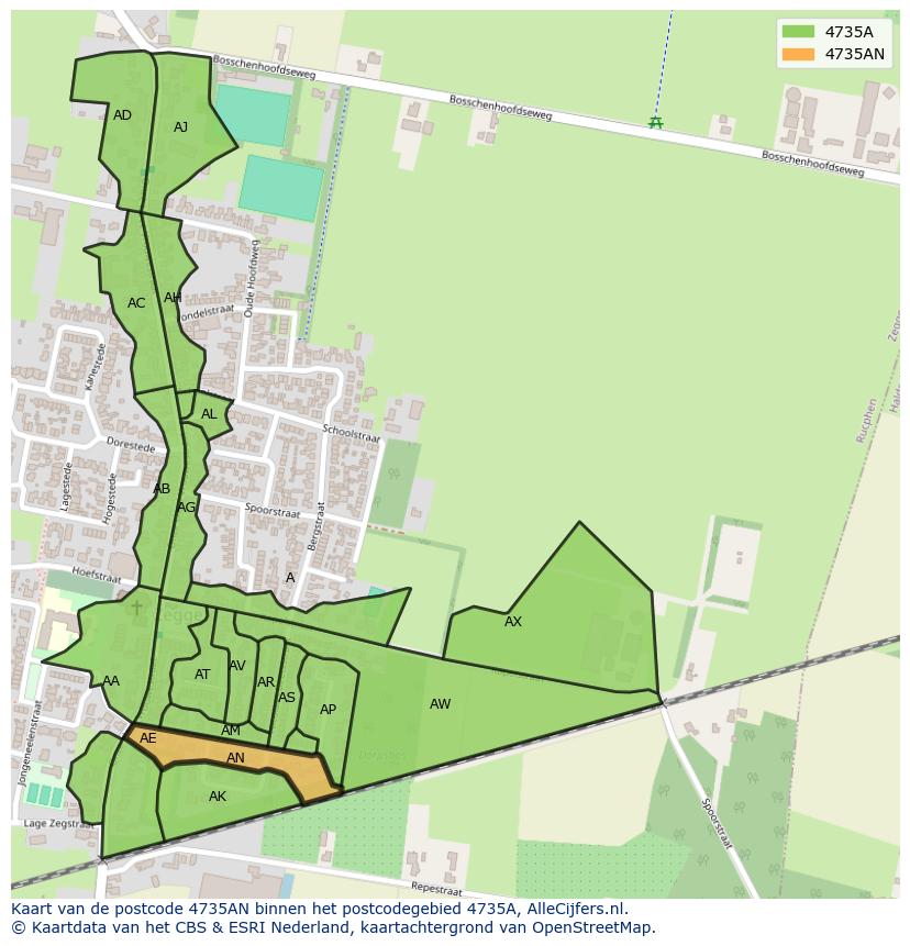 Afbeelding van het postcodegebied 4735 AN op de kaart.