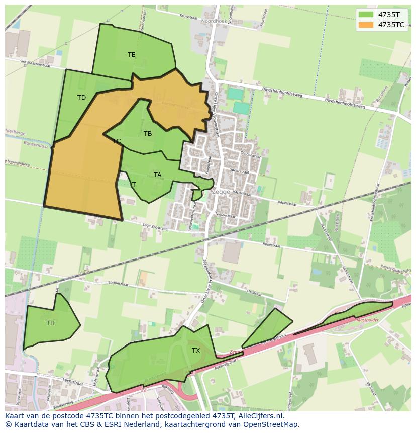 Afbeelding van het postcodegebied 4735 TC op de kaart.