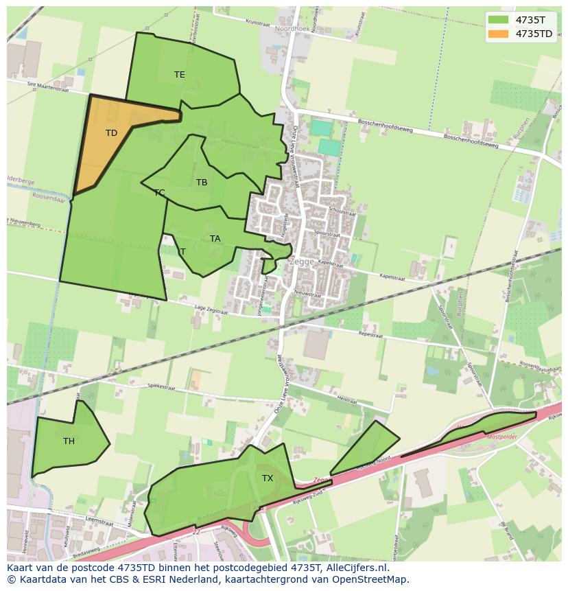 Afbeelding van het postcodegebied 4735 TD op de kaart.