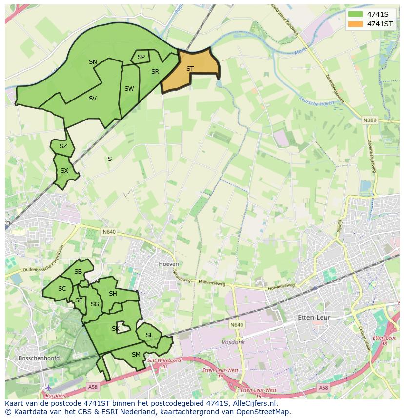 Afbeelding van het postcodegebied 4741 ST op de kaart.