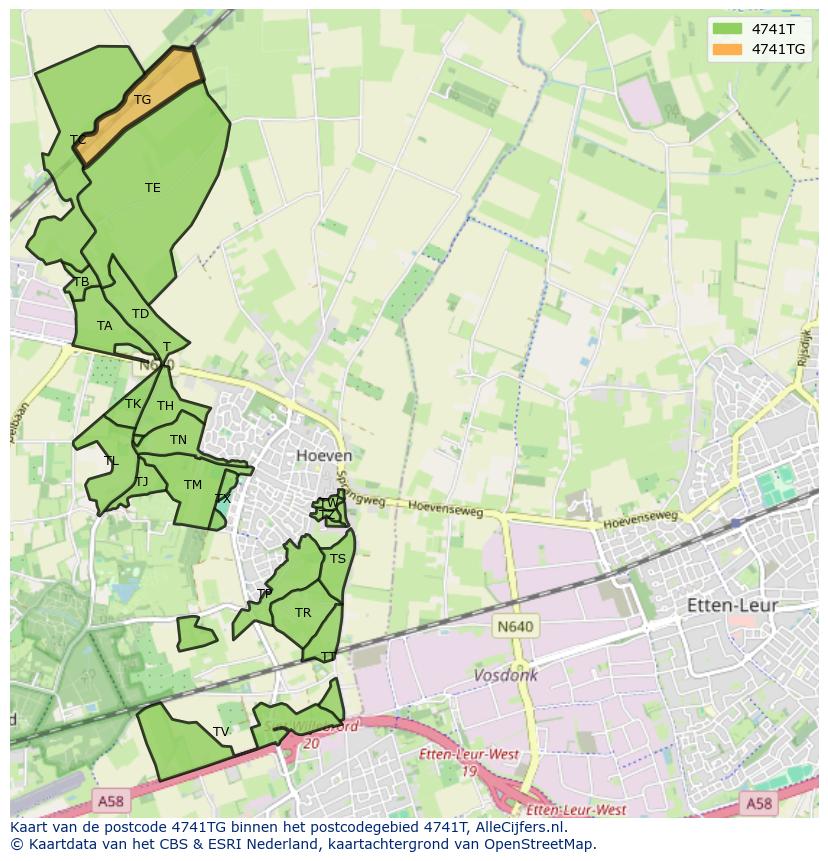 Afbeelding van het postcodegebied 4741 TG op de kaart.