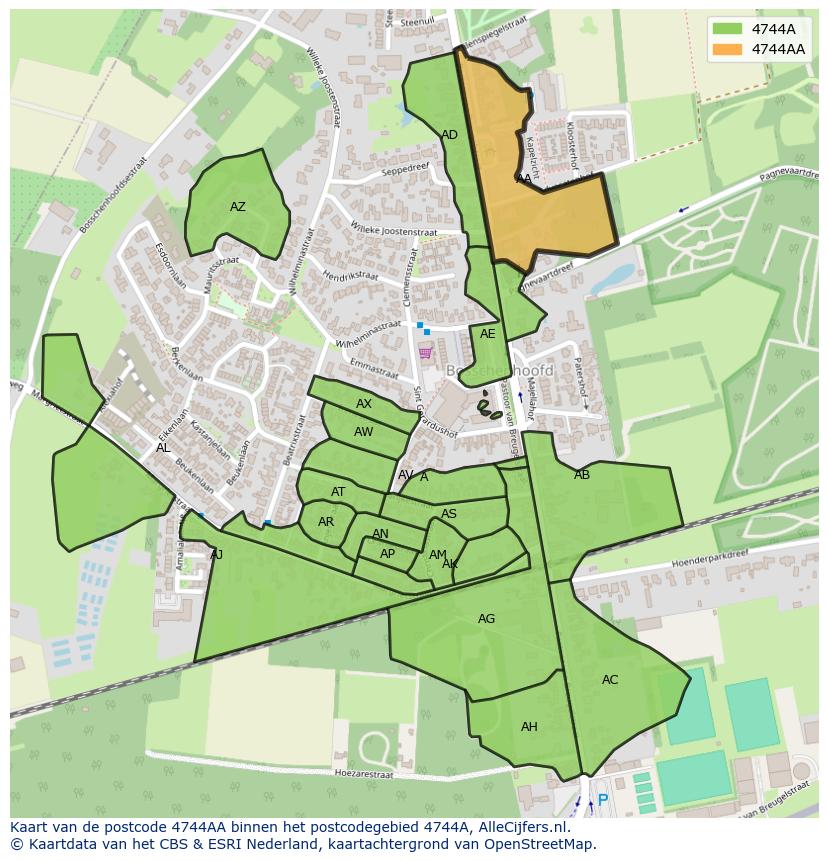 Afbeelding van het postcodegebied 4744 AA op de kaart.
