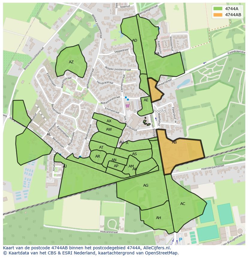 Afbeelding van het postcodegebied 4744 AB op de kaart.