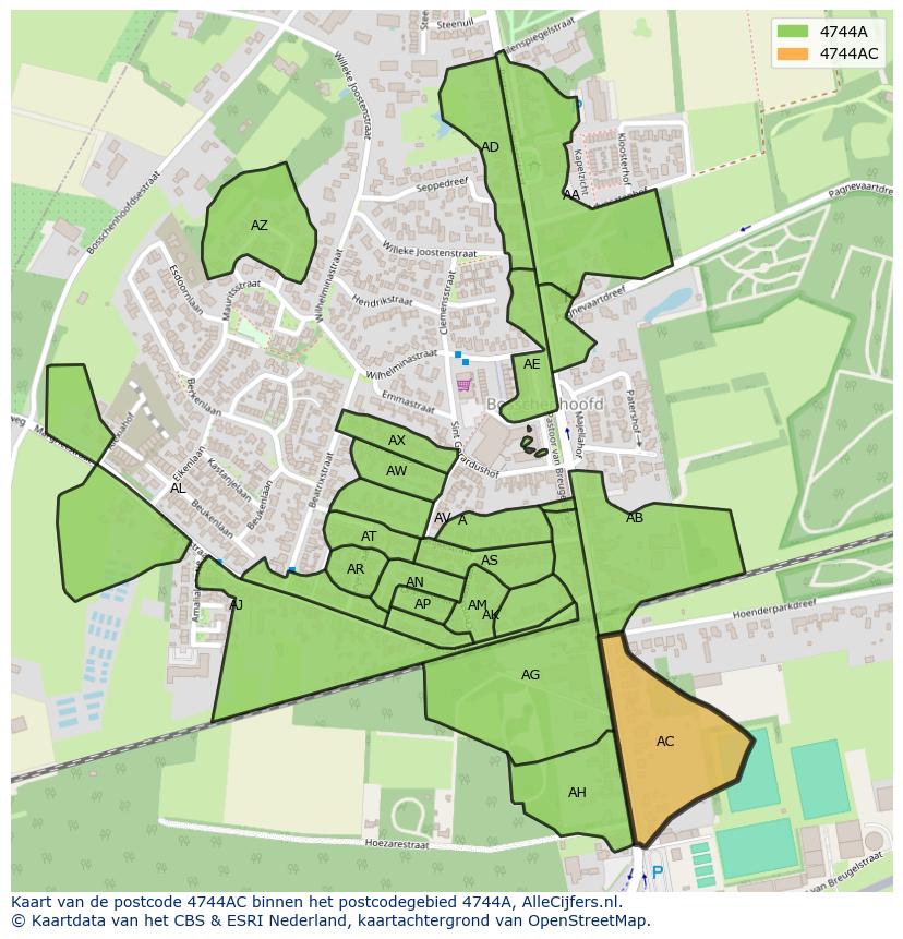Afbeelding van het postcodegebied 4744 AC op de kaart.
