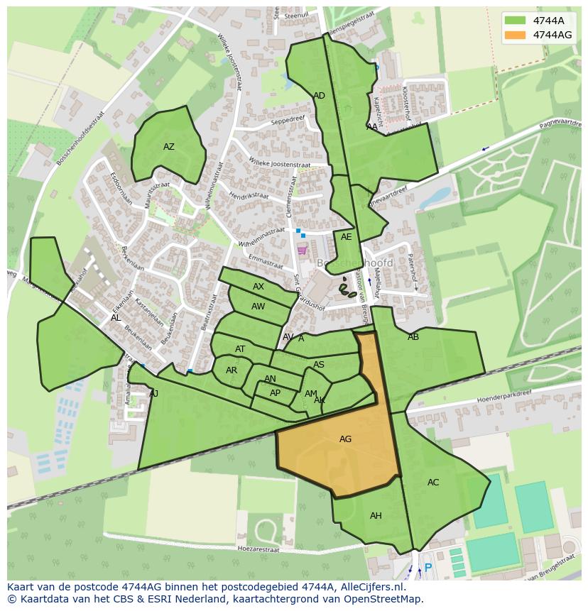 Afbeelding van het postcodegebied 4744 AG op de kaart.