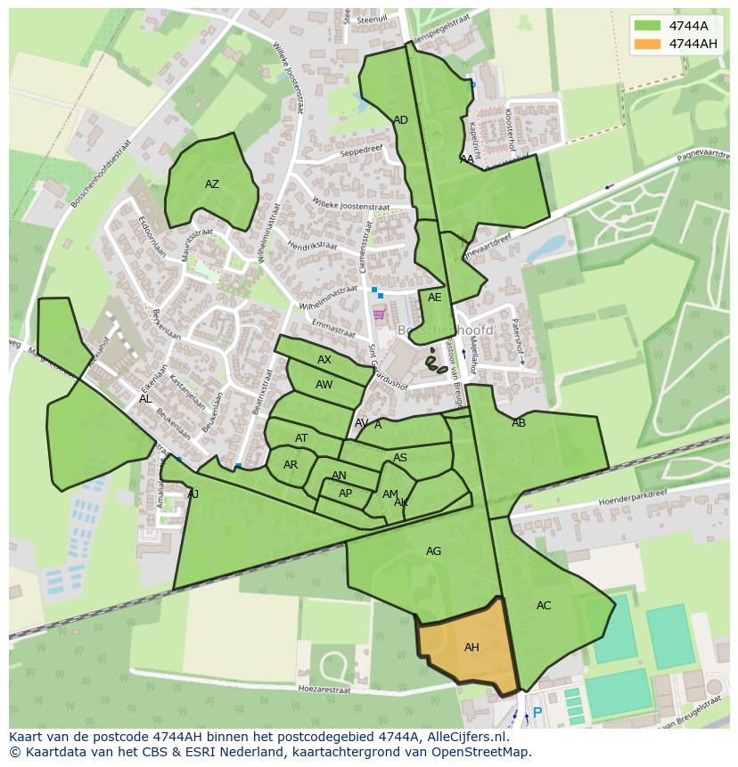 Afbeelding van het postcodegebied 4744 AH op de kaart.