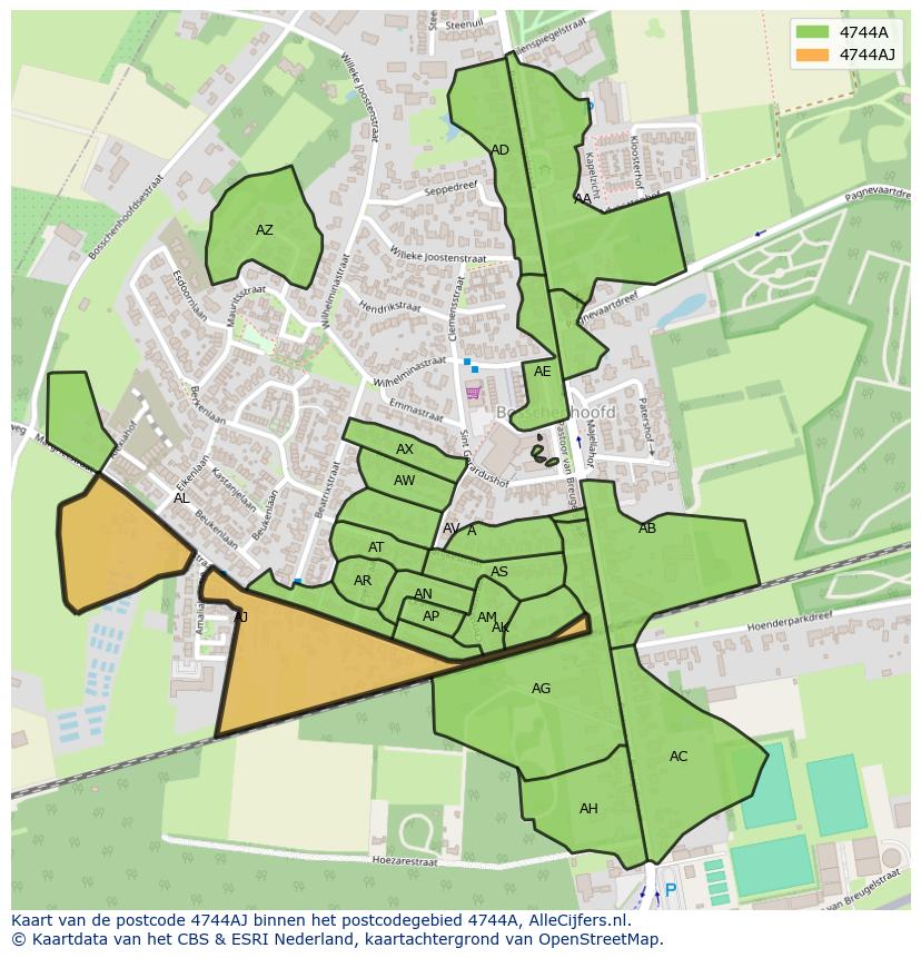 Afbeelding van het postcodegebied 4744 AJ op de kaart.