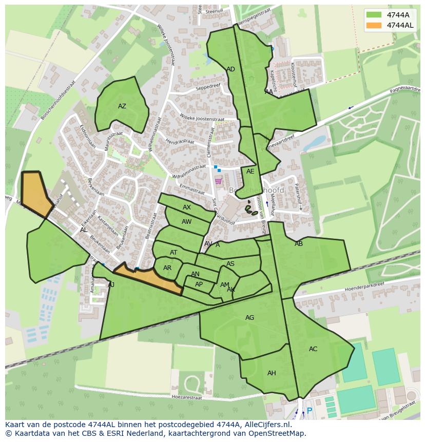 Afbeelding van het postcodegebied 4744 AL op de kaart.