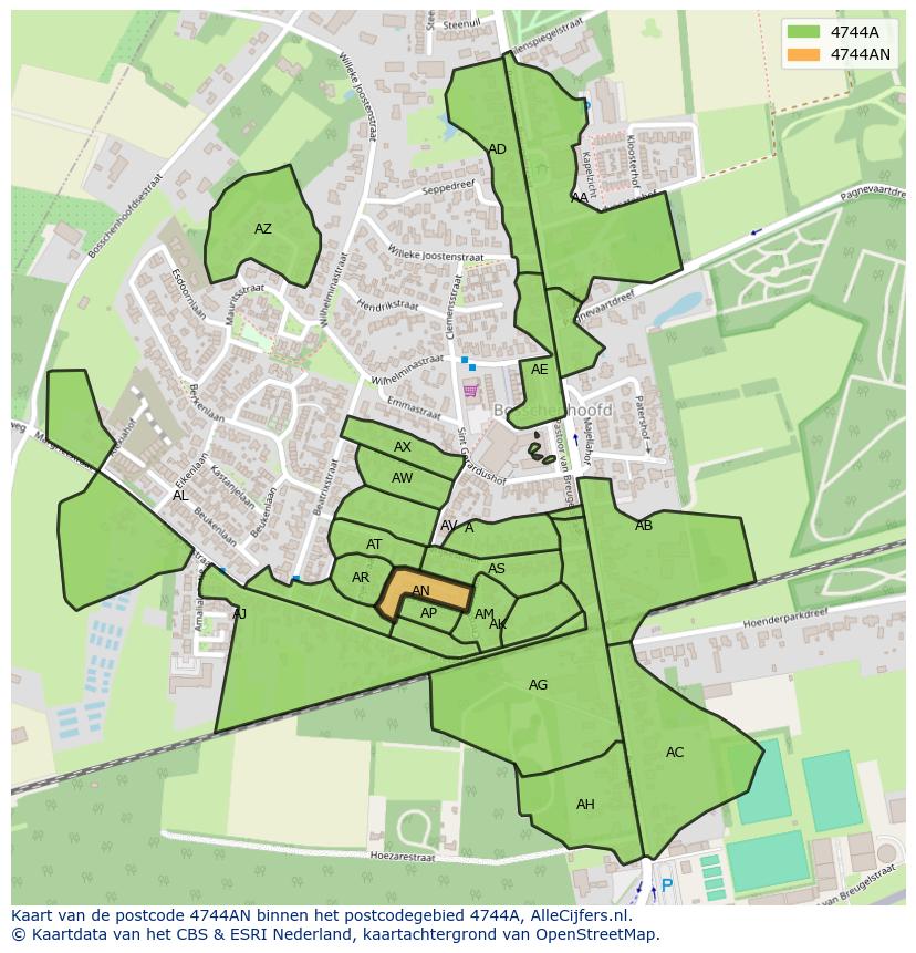 Afbeelding van het postcodegebied 4744 AN op de kaart.