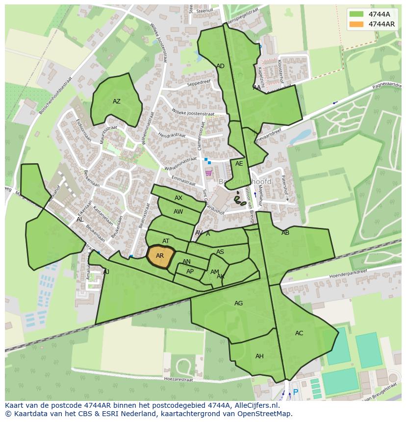 Afbeelding van het postcodegebied 4744 AR op de kaart.