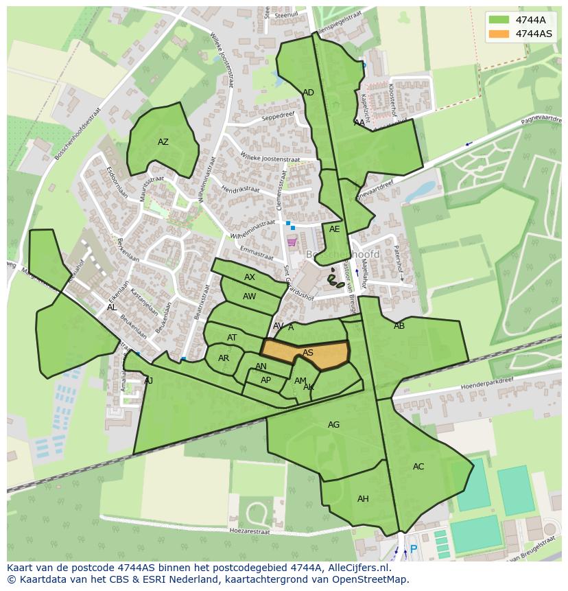 Afbeelding van het postcodegebied 4744 AS op de kaart.
