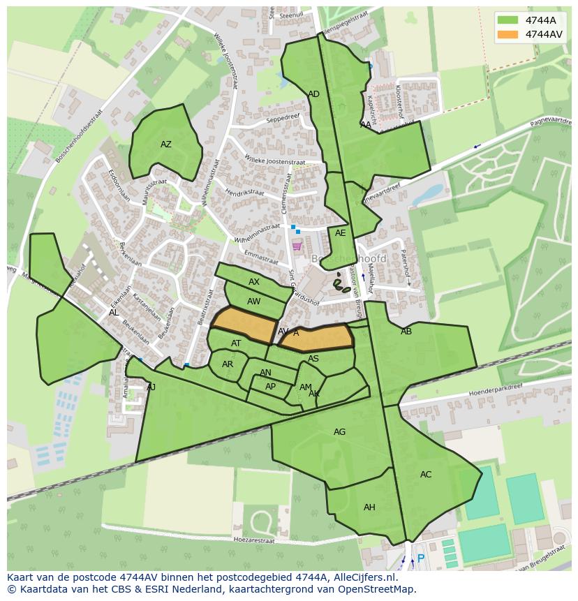 Afbeelding van het postcodegebied 4744 AV op de kaart.