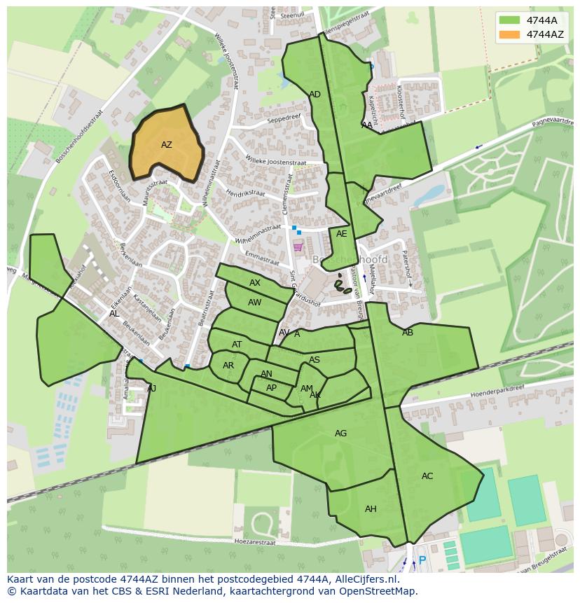 Afbeelding van het postcodegebied 4744 AZ op de kaart.